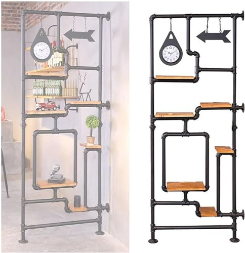 LXSEHN Industrierohr Bücherregal Raumtrenner, Trennwand Paravent Mit Standregal, R-etro Rustikales Holz Wandmontage Regal, Standregal Wanddeko Stabil Metallrahmen Für Wohnzimmer Küche Büro