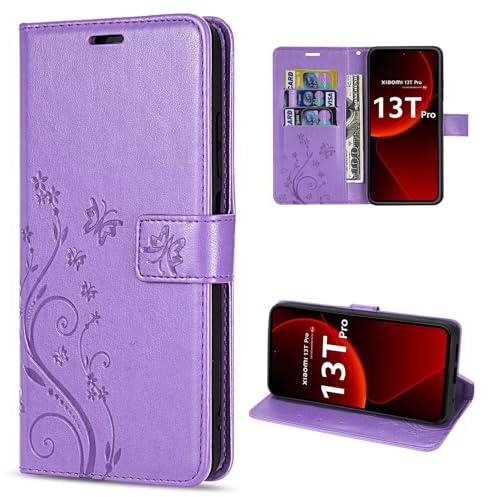 betterfon Hülle Kompatibel mit Xiaomi 13T / 13T Pro | Premium PU Leder Handyhülle Wallet Case für 13T / 13T Pro | Schutzhülle Blumen Klapphülle Handyhülle | Lila