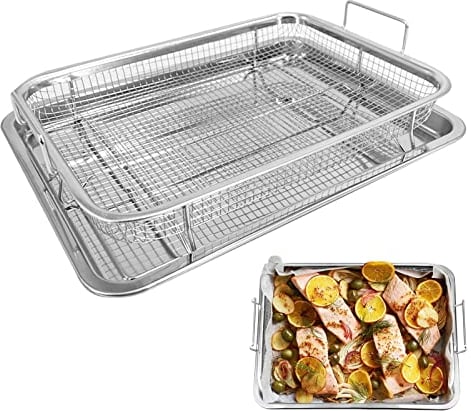 2 in 1 Oven Grill Tray Air Fryer Rack, Chips Crisper Basket Tray Sheet, Oven Baking Tray with Rack, Stainless Steel Cookie Pan Baking Tray, Microwave Mesh Crisping Gril