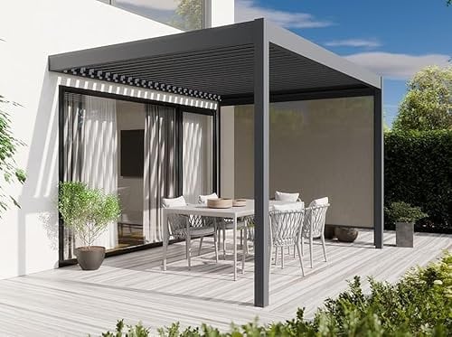 Pergola Bioclimatica addossata in Alluminio 12m² - 3x4m - Tenda laterale inclusa - 29 lamelle in acciaio zincato inclinabili a 90° - ZENITH