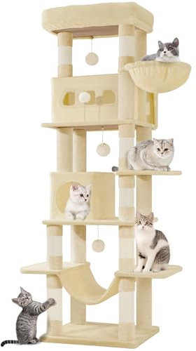 Hzuaneri 170 cm Grand Arbre à Chat, Tour à Chat pour Chats d'intérieur, avec Grand Perchoir, Tapis Lavable, 2 Niches Chats, 8 Griffoirs, Hamac, Pompons, Beige MS17018YL
