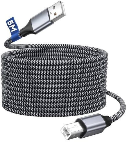 Câble Imprimante USB 5 Mètres,USB 2.0 Type A Mâle vers B Mâle Cable Scanner Cordon Imprimante Nylon Tressé USB Type B Cable Compatible avec Printer HP, Canon, Epson, Lexmark, Brother,Hero, Dell- Gris