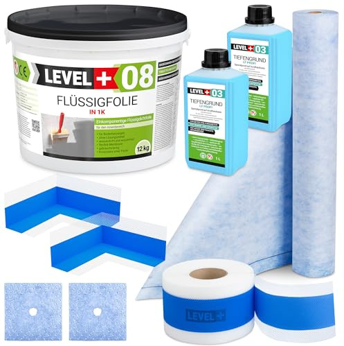 Level Plus Dichtset, Abdichtungsmatte 10m2, Flüssigfolie 12Kg, Dichtecken | Wandmanschetten, Dichtband, Tiefengrund, Abdichtungsset Dusche Bad SET361