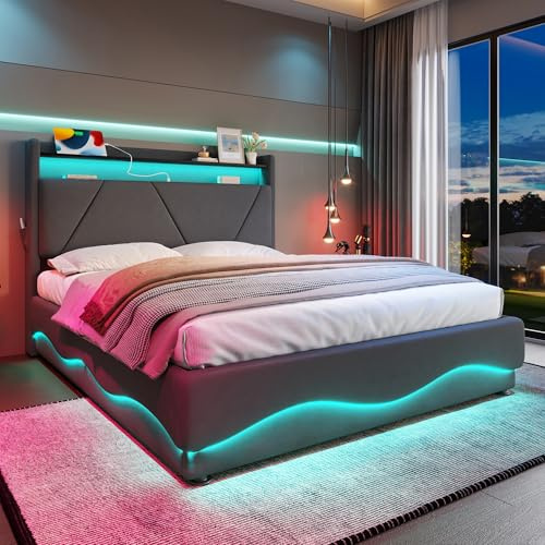 Ball & Cast 5ft Upholstered King size Bed with LED Headboard, Hydraulic Storage Bed, Quiet Gas-Lift Slatted Storage Base & USB Ports, Fabric Platform Bed with Shelves,150x200cm, Dark Gray