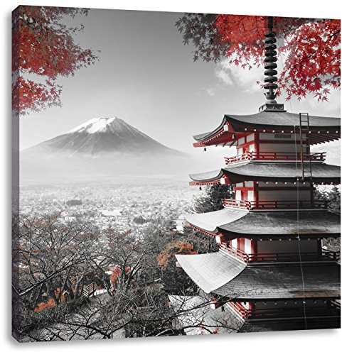 Pixxprint Japanischer Tempel im Herbst Schwarz, Schwarz, Weiß, Größe: 40x40, Leinwandbild Quadratisch, Wandbild, Kunstdruck, fertig bespannt
