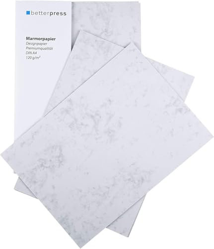 Betterpress® 100 Blatt Briefpapier Marmorpapier grau 120g, A4 – Beidseitig marmoriertes Papier in hochwertiger Qualität – Premium ideal als Speisekarte, Zertifikat, Kirchenheft und Urkunde