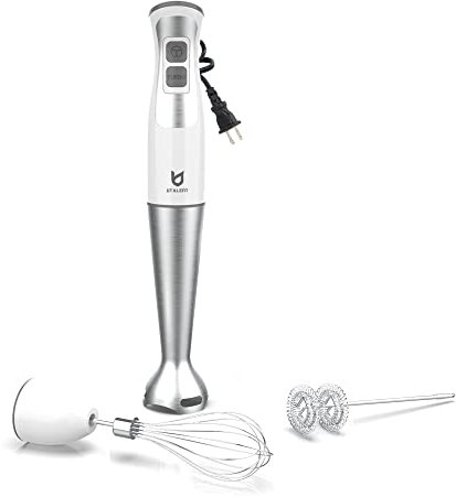 Mixeur plongeant UTALENT, mixeur plongeant 3 en 1 8 vitesses avec mousseur à lait, fouet à œufs pour smoothies, mousse de lait au café, purées pour bébés, sauces et soupes - Blanc