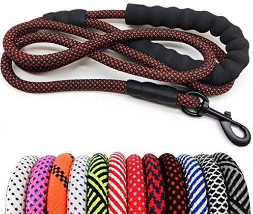 MayPaw Heavy Duty Rope Dog Lead, 3/4/5/6/7/8/10/12/15 FT Nylon Pet Leash, Soft Padded Handle Thick Lead Leashes for Large Medium Dogs Walking (Black-red Dot, 1/2 * 6')