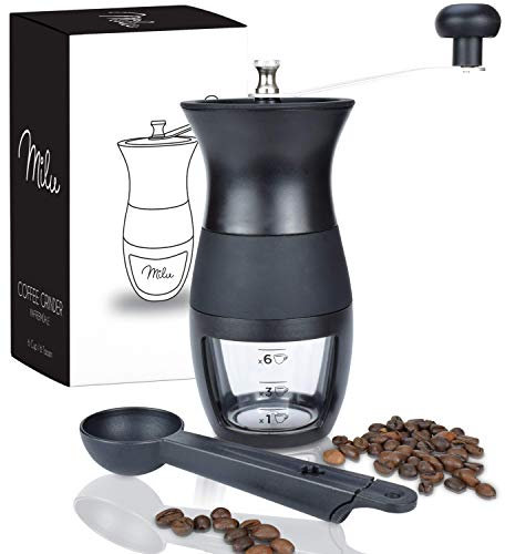 Milu Manuelle Kaffeemühle, Handkaffeemühle mit Keramikmahlwerk, Espressomühle mit verstellbaren Mahlgrad (Plastik, Schwarz)
