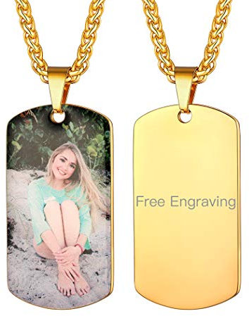 Suplight Collier Homme Personnalisable Photo Plaqué Or Pendentif Dog Tag Gravure avec Image Texte Chaîne Réglable 60cm Cadeau Parfait pour Papa/Mari/Copin