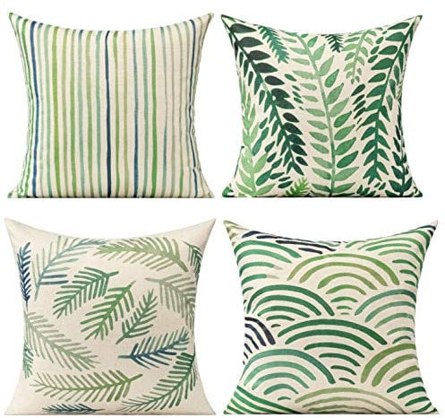 All Smiles Outdoor Green Leaves Plant Throw Pillow Covers Cases Decorative Tropical Rainforest Palm Leaves Cushion Square Cotton Linen 16 x 16 Set of 4 for Sofa Patio Couch