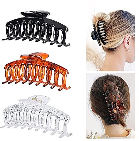 Grandes de Garra para Pelo Clip, 3 Pinzas de Pelo Grande Clip de Garra Grande Antideslizante, 11cm Plástico Pinza de Pelo Plátano de Garra para Mujeres Niñas, Negro, Marrón, Cristal transparente