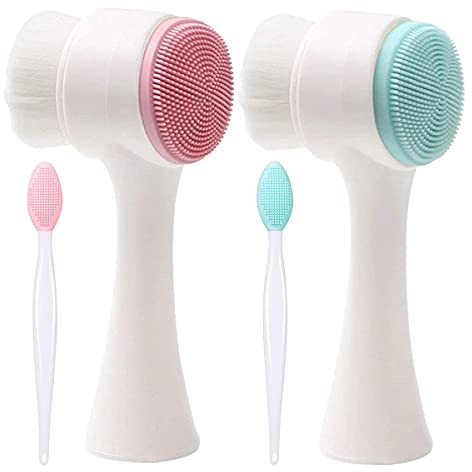 Manuelle Gesichtsreinigungsbürste,Saijer 2 pcs 2-in-1 Gesichtsbürste Exfaliating Facial Scrub Bürste Borsten Doppelseiten Silikonwaschbürste Band 2 pcs Mitesser Pinsel Geeignet für Alle Hauttypen