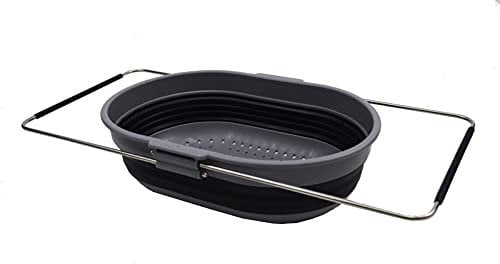 SAMMART 5L Expandable & Collapsible TPE/PP Over The Sink Oval Colander (Dark Grey/Black)