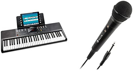 Teclado RockJam compacto de 61 teclas con soporte para partituras, fuente de alimentación, pegatinas para notas de piano y lecciones de piano simples + NGS SINGERFIRE, Microfono Vocal para Karaoke