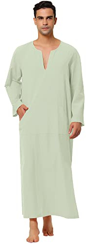 Lars Amadeus Herren-Nachthemd Baumwoll-Schlafhemd V-Ausschnitt, seitlich geschlitztes langes Kleid mit Tasche Grün S