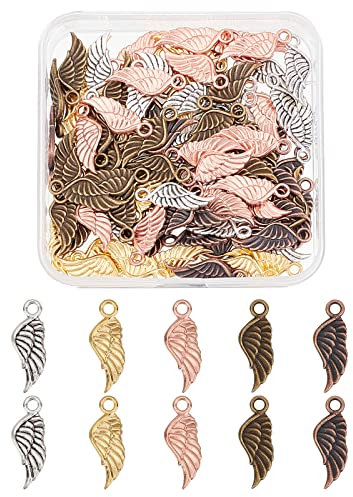 SUPERFINDINGS 100 Stück 5 Farbiger Engelsflügel Charm Anhänger Im Tibetischen Stil Legierungs Feder Anhänger 21x8x2mm Verschiedene Flügel Charm Perlen Für DIY Armband Halsketten Schmuckherstellung