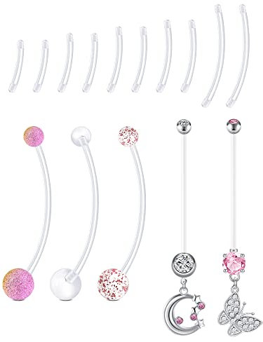 LAURITAMI 14G Bauchnabelpiercing Schwangerschaft Piercing Bauchnabel Acryl Fleixble Bioflex 25/38mm Stab Nabel Ringe mit Ersatz Bar 10/12/14/16mm Silikon