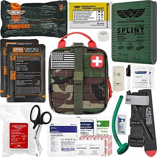 EVERLIT Advanced Emergency Trauma Kit, CAT GEN-7 Tourniquet Mil-Spec Nylon Laser Cut Pouch with 91.4 cm Splint, Military Combat Tactical IFAK for First Aid Response Bleeding Control (Woodland)