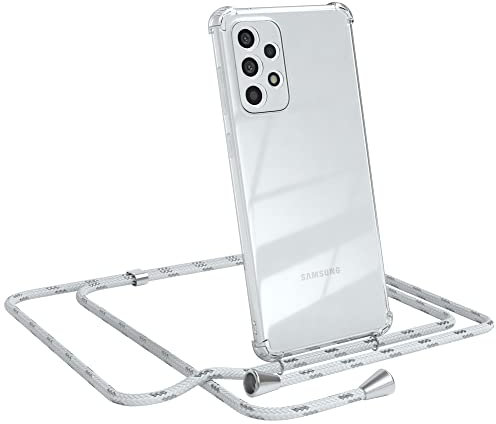 EAZY CASE Handykette kompatibel mit Galaxy A73 5G Handyhülle mit Umhängeband, Handykordel mit Schutzhülle, Silikonhülle, Hülle mit Band, Stylische Kette für Smartphones, Weiß/Silber