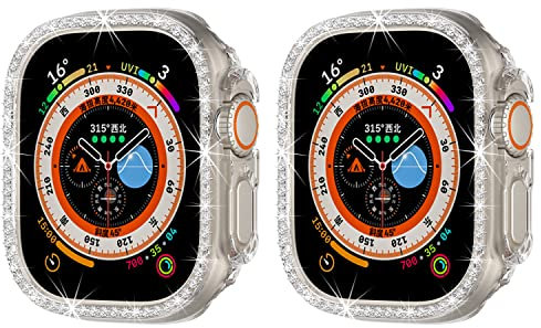 Lot de 2 coques de protection pour Apple Watch Ultra 2 49 mm Bling Diamond Case PC Pare-chocs Femmes Filles Cristal Brillant Strass Coques Smartwatch Accessoires Coque pour Apple Watch Ultra 49 mm