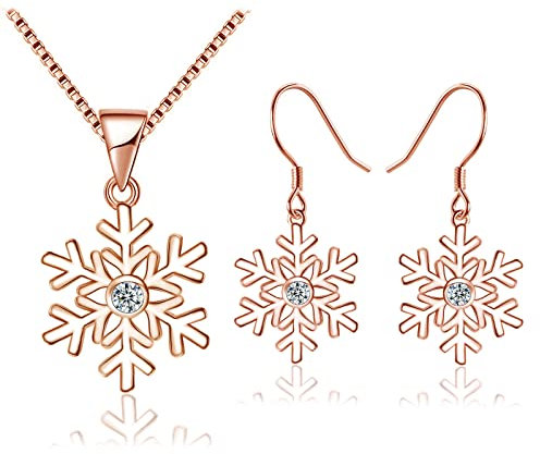 Loutade Silber Weihnachten Schmuck Set Damen, 925 Sterling Silber Schneeflocke Halskette & Haken Ohrringe Set, Rose Gold Schneeflocke Schmuckset, 45cm Silberkette mit Anhänger & Ohrhänger Set