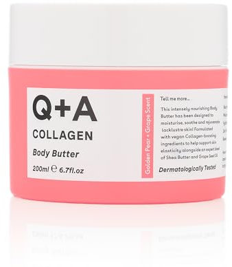 Q+A Kollagen Körperbutter: Luxusreiche, feuchtigkeitsspendende vegane Formel mit hydrolysiertem pflanzlichen Protein, Sheabutter, Squalan und Duft von Birne und Traube für weiche Haut, 200ml