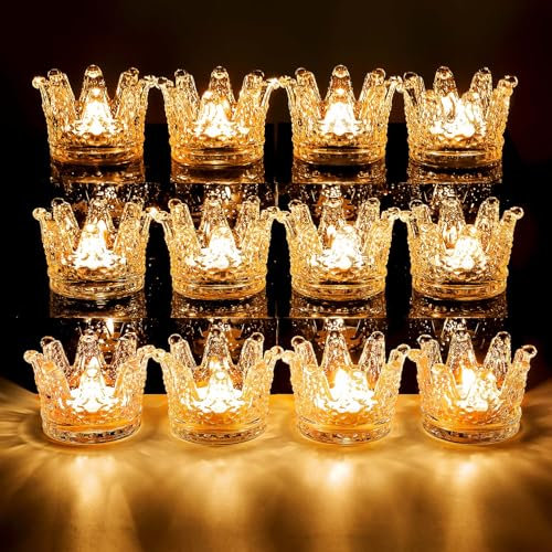 Larcenciel 12 Stück Teelichthalter, Kristall Krone Kerzenständer Goldene Transparente Teelichtgläser Glas Kerzenhalter, Kleine Teelichtdekorationen für Urlaub, Hochzeiten, Geburtstage, Weihnachten