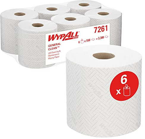 WypAll L20 General Clean Cleaning and Maintenance Wipes 7261-2-Ply Centrefeed Rolls - 6 Rolls of 550 Paper Cleaning Wipes (Total 3,300)
