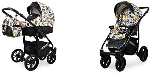 BabyLux Miracle 2-in-1 Baby Kinderwagen Tief und Kinderwagen mit Zubehör Verstellbar und faltbar Aluminium Konstruktion Wasserdicht Nicht abnehmbare Räder Gold Leaf