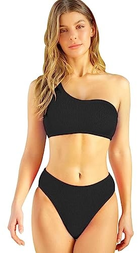 TOEECY Bikini Set Damen Eine Schulter Badeanzüge Bademode Zweiteiliger Badeanzug Push Up High Waist Sexy Schwimmanzug Swimsuit (Schwarz,L)