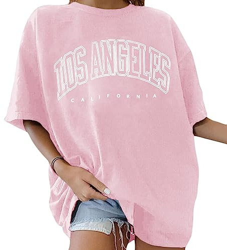 Tomwell T-Shirt Damen Oversized Mode Lose Rundhals Kurzarm Sommer Oberteile Vintage Drucken Bluse Streetwear Sport Oberteile Vintage Sweatshirt Teenager Mädchen Tunika Lang Tops Rosa L