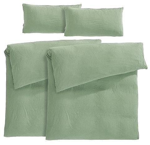 Pure Label Musselin Bettwäsche 155x220 4 teilig bestehend aus Bettbezug 155 x 220 cm 2er Set + Kissenbezug 40x80 cm 2er Set aus Baumwolle - Traumhaft kuschelige Bettwäsche-Sets in grün