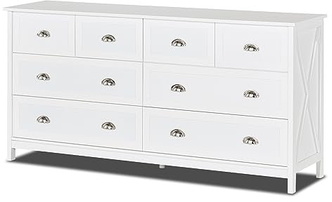 KHG Sideboard Holz Weiß lackiert, Highboard, Kommode für Flur, Wohnzimmer, Schlafzimmer, Küche, 8 Schubladen, silberne Muschelgriffe, dekorative X-Streben, 4 Füße, maritimer Landhausstil, 160x40x80 cm