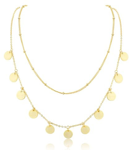 LOLIAS Kette Gold Damen Layering Halskette Damen 18k Vergoldet Silber & Rosegold Wasserfest Lange Ketten mit Anhänger for Frauen Doppel Mehrreihige Zarte Goldene Kette Damen Rund Plättchen Schmuck