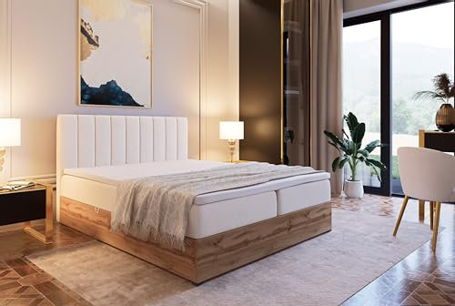 Marlux-Meble Boxspringbett mit Matratze 160x200 cm und Stauraum | Steppung Doppelbett mit Matratzen Topper und Bettgestell 160x200 | Riko II, Beige