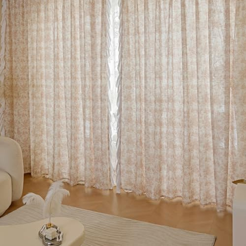 ANAZOZ Rideaux Voilages, Rose, L 107 x H 147 cm x 2pcs, Imprimé Floral Romantique, Rideau Filtrant la Lumière, à Oeillets, Rideau Style Français, Fenêtre Salon Chambre Décoration