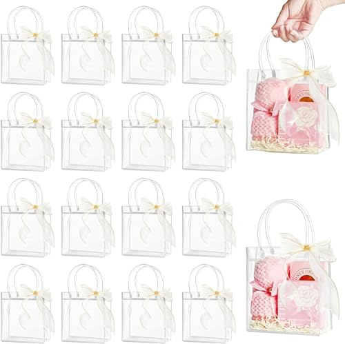 Socluer 30 Stück Klare Geschenktüte mit Griffen, 15 x 16 x 7 CM Durchsichtige Plastiktüte Wiederverwendbare Geschenke Verpackungen für Party Geburtstag Hochzeit