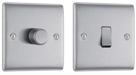 BG Electrical Single Dimmer Intelligent Light Switch, Brushed Steel, 2-Way, 200W & BG Electrical NBS12-01 Single Light Switch, Brushed Steel, 2-Way, 16AX