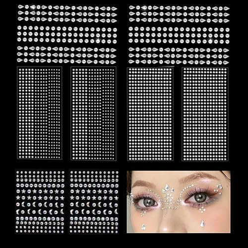 2260 Stück Strasssteine Selbstklebend Gesicht, Glitzersteine Silber, Schmucksteine Selbstklebende Dekosteine für Gesicht Fingernagel Dekorationen,Handwerke