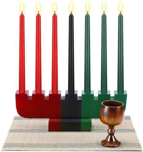 Zubebe 10 Pcs Kwanzaa Kinara Set 3 Red 3 Green 1 Black Kwanzaa Candle Set Kwanzaa Kinara Bamboo Table Mat Kwanzaa Candle Holder Wooden Wine Goblet for Kwanzaa Celebration Decoration (Red Green Black)