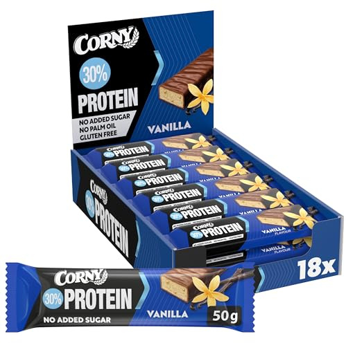Barres protéinées, Corny Protein,Chocolat et Vanille,13,5 gr de protéines, 0% de sucres ajoutés, Pack de 18x50g, Taste the Power