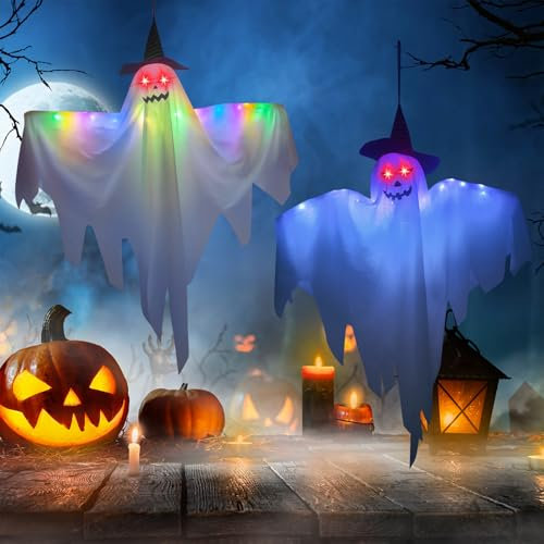 Ciskotu 2 pezzi Halloween Decorazioni Fantasma, Fantasmi Illuminate Decorazioni Halloween Casa da Appendere, Addobbi Halloween Bambino per Giardino, Parete, Balcone, Porta, Feste, Esterno/Interno