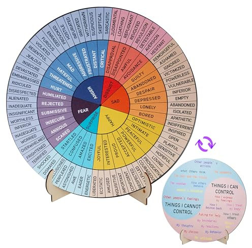 Jeoronuly Feelings Wheel Therapie-Büro-Dekor, 24,9 cm Durchmesser, groß, doppelseitig, psychische Gesundheit, Emotionsrad mit Ständer, Holz-Diagramm, Therapeuten, Geschenke für Therapie, Psychologe,
