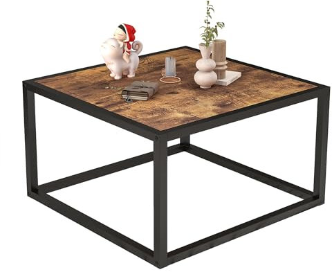 ARFARLY Square Coffee Table for Living Room, Tea Coffee Simple Centre Table, Modern Side Table with Wooden Top and Sturdy Metal Frame, Easy Assembly, Black and Rustic Brown