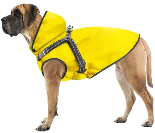 Mosucoirl Hunde Regenmantel Wasserdichter Hunde Kapuzenpullover Reflektierender Hunde Regenmantel mit Kapuze Verstellbare Regenjacke für kleine Mittelgroße und große Hunde und Welpen (Gelb, L)