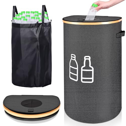 IEEILULU Collecteur de Bouteille avec Couvercle, Poubelle Recyclage 100L avec Trou et Sac à Main, Rangement de Bouteilles Consignées, Poubelle Tri Selectif pour Plastique et Bouteilles Verre (Noir)