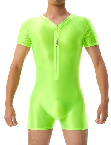 AIEOE Herren Glossy Playsuit Einteiler Kurzarm Unterhemden Dehnbar Sexy Leotard Bodysuit Dünne Kompression Unterwäsche mit Bein Jumpsuit Sport Trikot Turnanzug XL