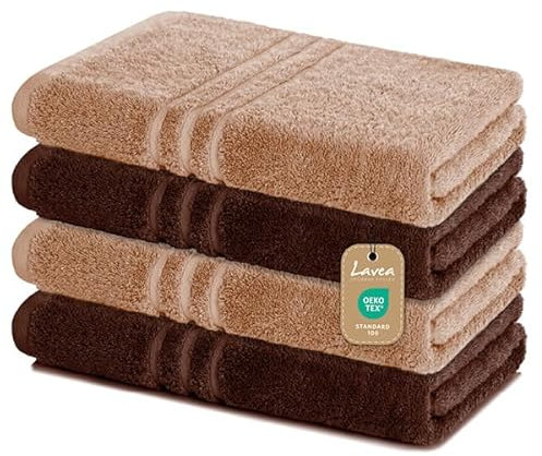 Lavea Lot de 4 Serviettes de Douche - 70 x 140 cm - 100% Coton - Serviettes éponge Douces et absorbantes - 500 g/m² - Uni et Bicolore - Certifié Öko-Tex - Lavable jusqu'à 60 °C - Cappucino et café