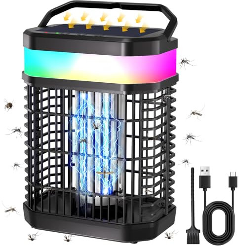 Matamoscas Electrico Solar Lampara Antimosquitos Eléctrico Exterior 4000V Solar Mata Mosquitos Eléctrico con Recargable 5500mah Bateria & LED Luz,Lámpara Mata Moscas IP65 para Jardin Camping Balcón